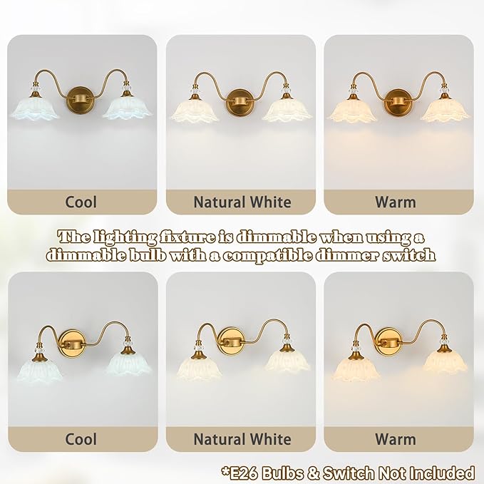 Vintage Bathroom Vanity Light, 2-Light Matte Brass Finish Vanity Light with Floral White Glass Shades, Retro Wall Sconce for Bathroom, Dressing Table
