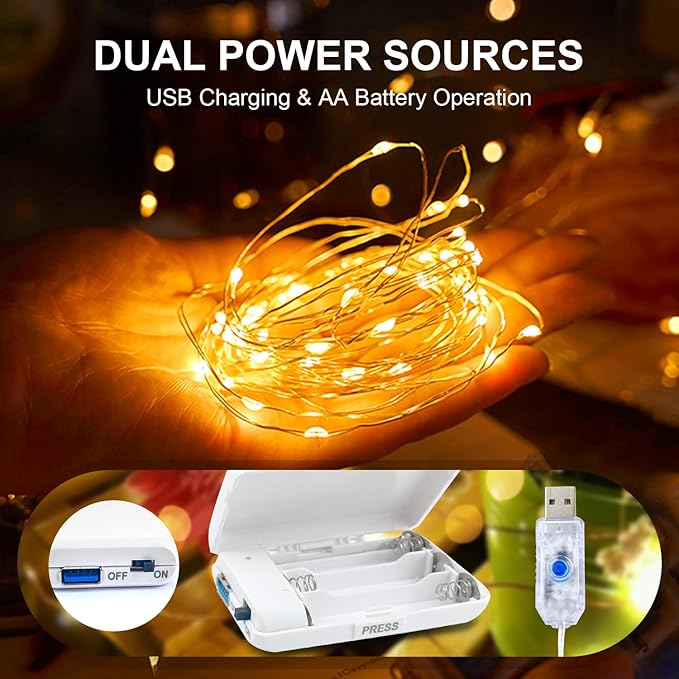 Aogist 2-Pack 50LED Fairy Lights 16ft Dual Power(USB/Battery) with Remote & Timer,8 Modes Flexible Copper Wire Waterproof String Lights for Outdoor Christmas Wedding Bedroom Party Decor,Warm White