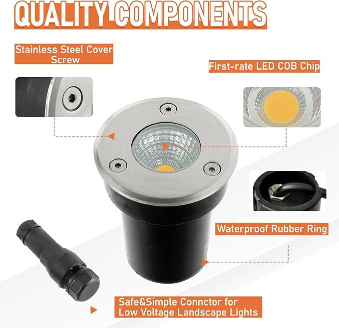 8 Pack Low Voltage Landscape Lights Well Lights 12-24V IP67 Waterproof In Ground Light and Outdoor Landscape Lighting for Garden Yard Driveway Deck Step Up Light with Connectors(Warm White)