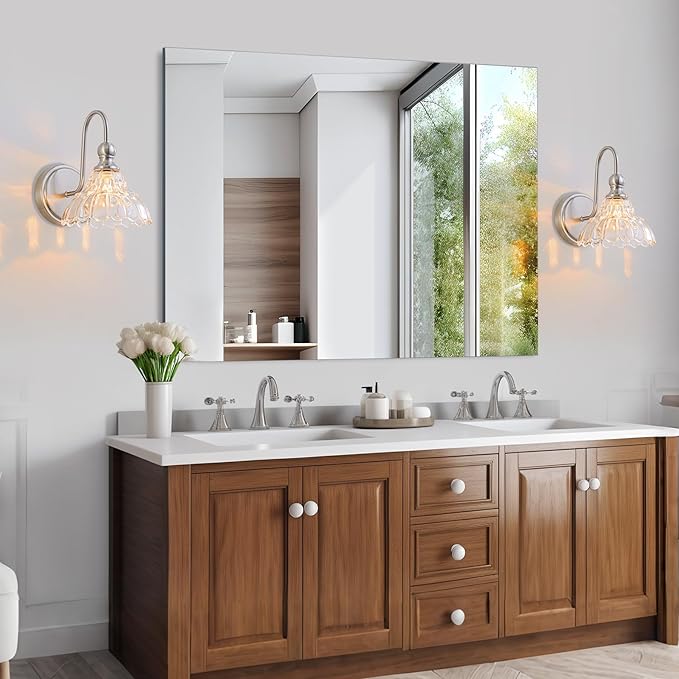 Vintage Bathroom Light Fixtures Over Mirror, 1-Light Brushed Nickel Wall Sconce Lighting with Flower Glass Shade, Farmhouse Vanity Lights for Bedroom Kitchen Living Room Hallway Light