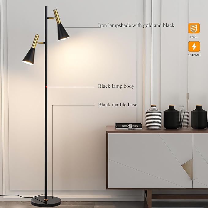 Modern Floor Lamp with 2 Adjustable Head Tall Pole Uplight for Living Room, Bedroom, Office,Gold and Black Corner Light for Reading (Black and Gold)