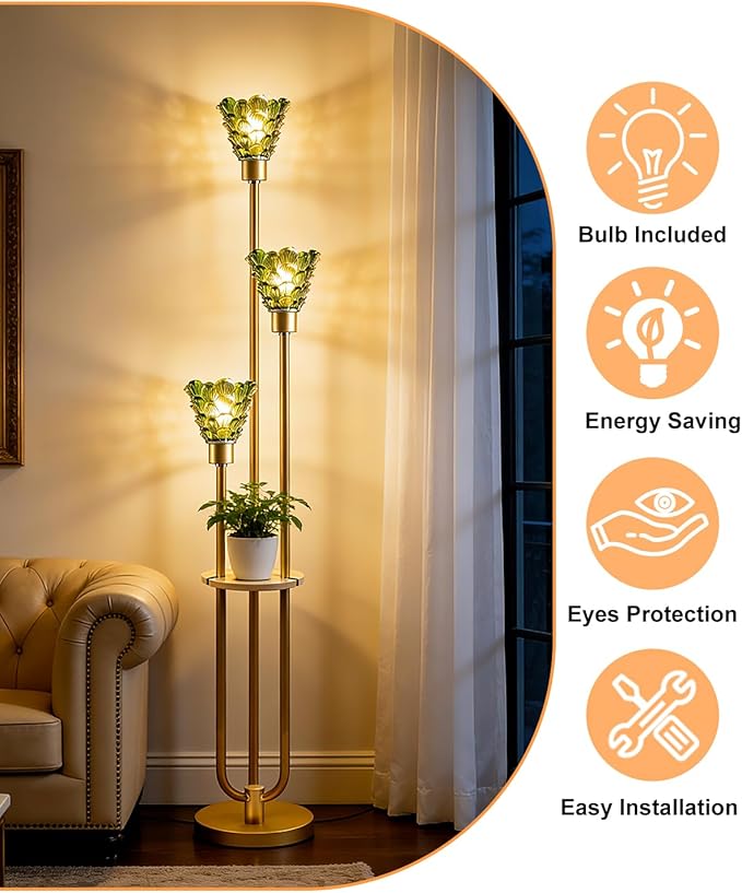 Glass Floor Lamp with Table, 62'' Gold Standing Tall Lamps with Green Glass Shade, 3000K Warmwhite Mid Century Modern Floor Lamp for Living Room/Bedroom/Sofa Beside/Home Corner