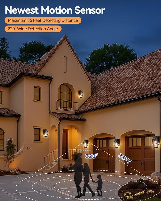 Outdoor Motion Sensor Lights 2 Pack, Dusk to Dawn Outdoor Lighting Exterior Lighting Fixtures with Water Glass, Waterproof Sconce Wall Mount for House Porch Patio Garage, Bulb Included
