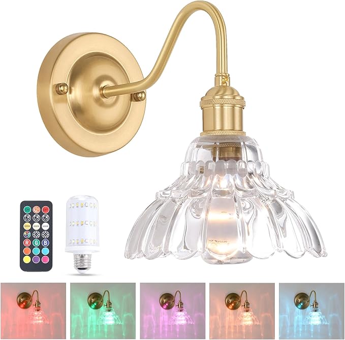 Battery Operated Wall Sconce, Vintage Rechargeable Wall Lights with Clear Lily Glass Shade, Wireless Indoor Wall Lamp with Remote for Bedroom Living Room Bathroom Hallway