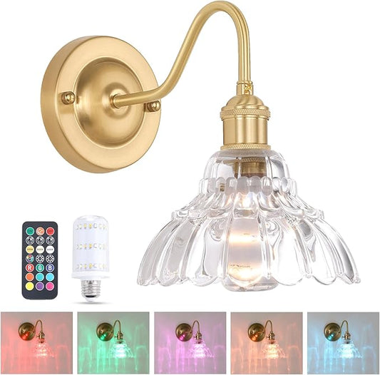 Battery Operated Wall Sconce, Vintage Rechargeable Wall Lights with Clear Lily Glass Shade, Wireless Indoor Wall Lamp with Remote for Bedroom Living Room Bathroom Hallway