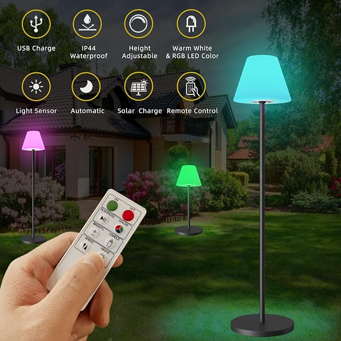 Solar Outdoor Floor Lamp USB Rechargeable Cordless Dimmable RGB Warm White LED Lights for Yard Garden Patio