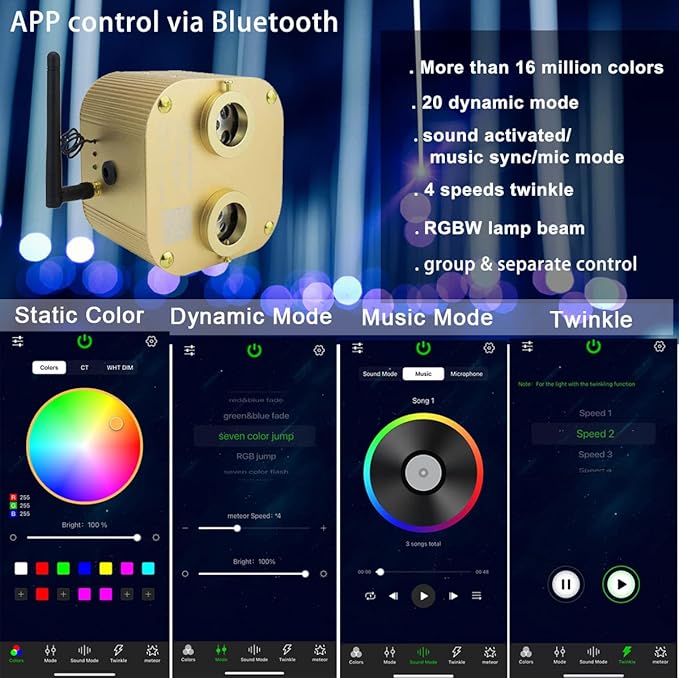 AZIMOM Bluetooth 20w Upgraded Fiber Optic Lights Twinkle Star Ceiling Lighting Kits 700pcs*0.03in*9.8ft Fiber Strands Dual Port RGBW Sound Remote Control Light Source Home Indoor Car Ceiling Décor