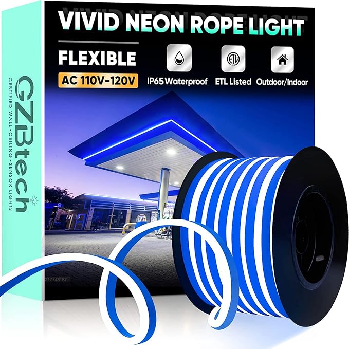GZBtech Flexible LED Neon Rope Lights 50FT,AC 110-120V Waterproof Strip Light, 120 LEDs/M Cuttable Connectable Neon Lighting for Indoor Outdoor Home Decor/Commercial Building Use-Blue 15M, ETL Listed