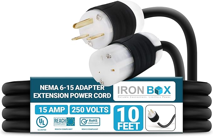 IronBox Electric - NEMA 6-15 Adapter Extension Power Cord - Rated for 15A/250V - 14 AWG Jacket - Heavy Duty Extension Cable - Weatherproof Design - Ideal for Indoor and Outdoor Use (10 feet, Build)