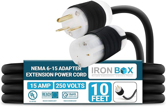 IronBox Electric - NEMA 6-15 Adapter Extension Power Cord - Rated for 15A/250V - 14 AWG Jacket - Heavy Duty Extension Cable - Weatherproof Design - Ideal for Indoor and Outdoor Use (10 feet, Build)