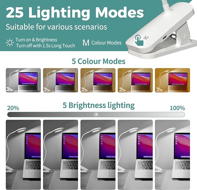 CUHIOY Clip on Reading Light for Bed Headboard, Rechargeable Battery Clamp on Bunk Bed Light, 5 Colors 5 Brightness Flexible Neck Desk Lamp, Eye Protect LED Touch Control Book Lights at Night for Kids