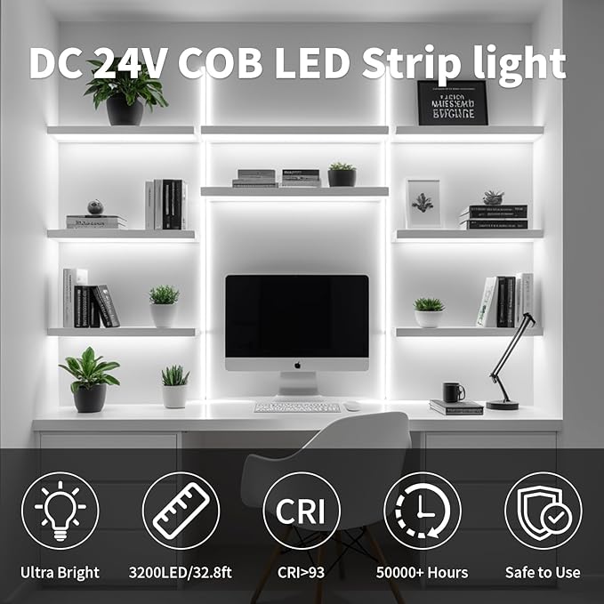 32.8FT/10M COB LED Strip Light, White 6000K LED Tape Lights, 8mm Width LED Lights, CRI93+ Dimmable Flexible Lights Kit for Bedroom TV Backlight Kitchen Mirror Decor(Plug Inclued)