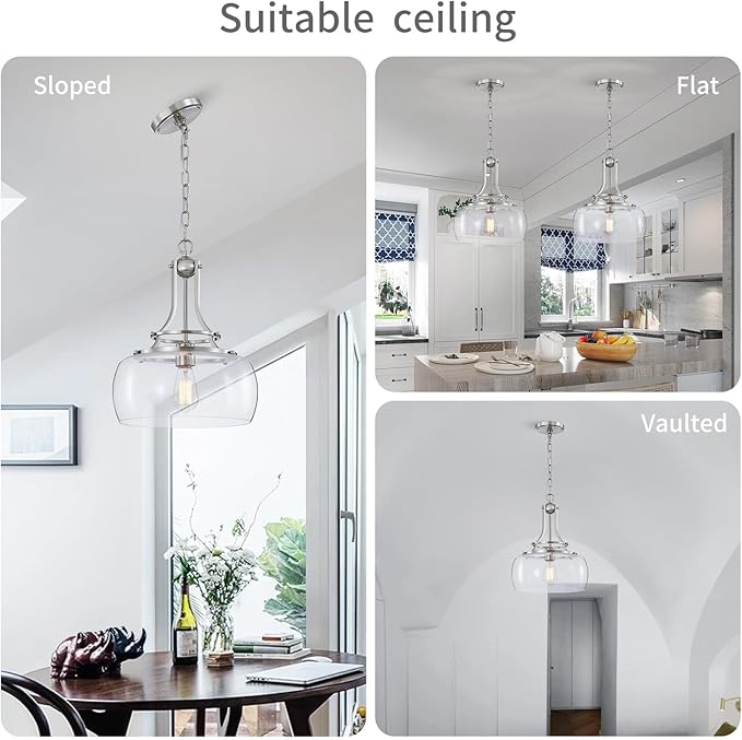 WUZUPS Chandelier Rustic Farmhouse Industrial Round Ceiling Pendant LED Light Fixture Clear Seeded Glass Shade for Dining Room Kitchen Island Foyer Entryway, H 17" x W 13.4", E26 Base, Brushed Nickel
