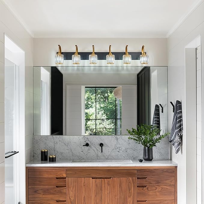 6-Light Crystal Vanity Light, Black Gold Modern Wall Sconce with K9 Crystal Shades, 51.18" Long Over Mirror Lighting for Bathroom, Makeup, Hallway, Elegant & Easy Install
