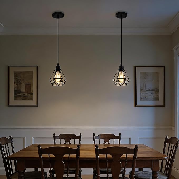 COTTAGE LIFE Black Pendant Light Fixtures 2 Pack, Farmhouse Industrial Metal Cage Pendant Lights, Adjustable Hanging Light Fixtures for Kitchen Island, Dining Room, Bar, Bedroom, Hallway