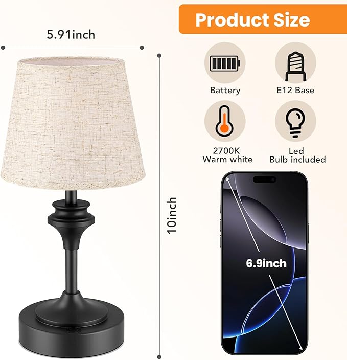 NIORSUN Portables Cordless Table Lamp Set of 2,10.2" Flaxen Fabric Shade Battery Operated Lamp,5200mAh Bedside Table Lamp with Warm White,3 Way Dimmable Touch Desk Lamp for Living Room (Black)