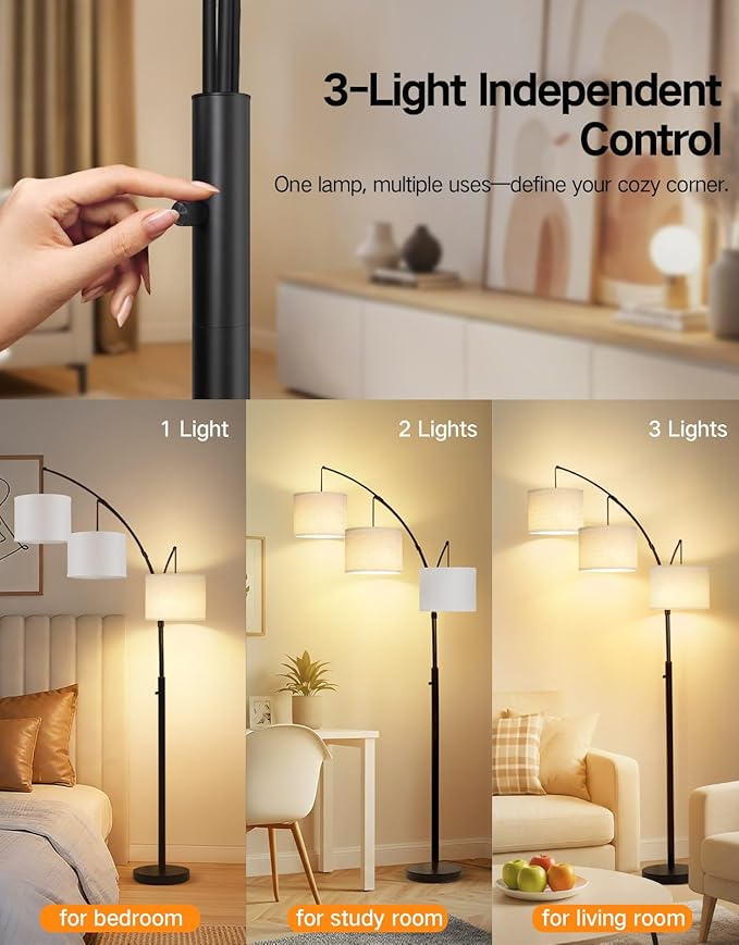 OUTON Arc Led Floor Lamp, Modern Black 3 Light Tall Floor Lamp for Bedroom, 2400lm Mid Century Adjustable Standing Corner Lamps for Living Room Office, 3 LED Bulbs Included, White Lampshade