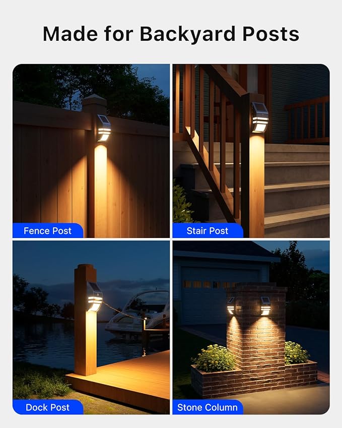 4 Pack Solar Stainless Steel Fence Lights Outdoor Waterproof Motion Sensor Wall Sconce for Backyard Post, Deck, Porch, Stair Rail, Dock, Gate, Walkway, Steps, Patio, Garden, Ambiance Warm Lighting