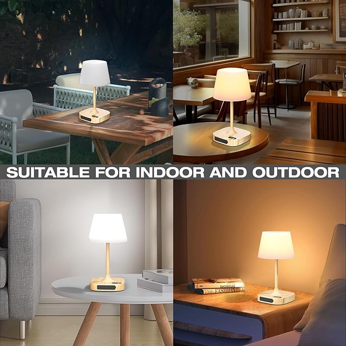 Lightbiz Outdoor Table Lamp, Shower Lamp with 8000mAh Cordless Rechargeable Battery, IP55 Waterproof, 3 Colors & 5 Brightness, Dimmable LED Display Bath Lamp for Camping,Bedroom,Patio,Bathroom(Wood)
