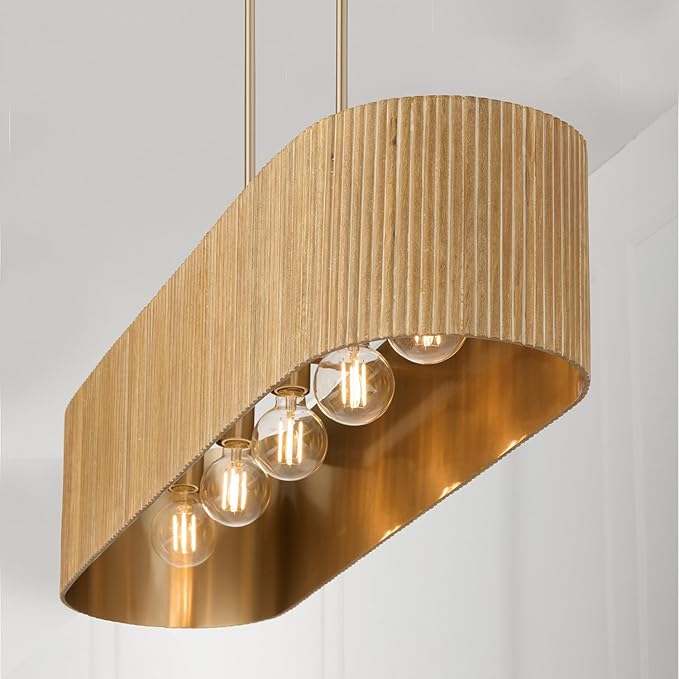 Capital Lighting 850751WS Donovan Mid-Century Modern Artisan Luxe Fluted Mango Wood Linear Chandelier, 5-Light 500 Total Watts, 9" H x 44" W, White Wash and Matte Brass