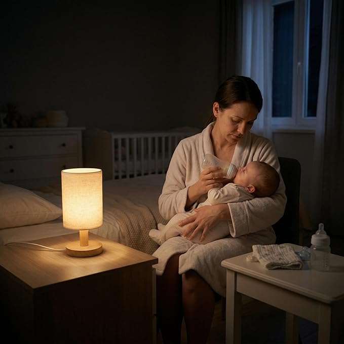 Small Bedside Table Lamp with USB Powered, Minimalist Rustic Wood Base &Linen Shade, 2700K Warm Eye-Care Night Light, Farmhouse Boho Nightstand Lamp for Bedroom Dorm Nursery Kids Room Kitchen