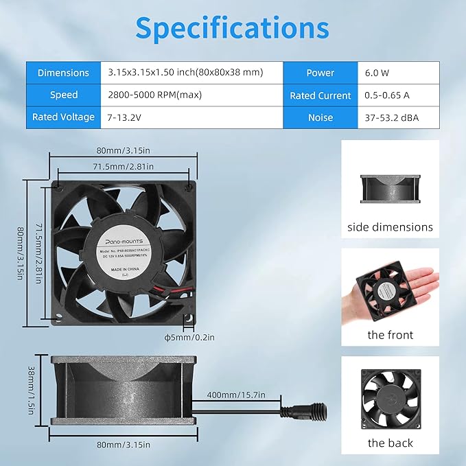 PANO-MOUNTS 80mm 3.15inch Dual Ball Upgraded IP68 Waterproof Cooling Fan -Max 5000RPM with Stepless Speed Controller for DIY Ventilation Exhaust Projects