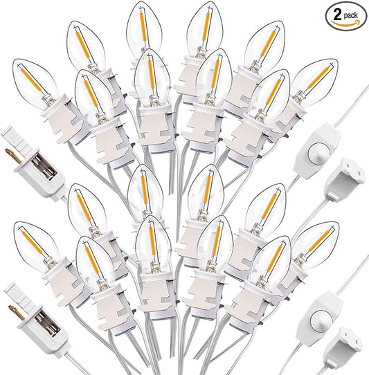 Leelosp 2 Pack Accessory Cord with 10 LED Light Bulbs 19.7 FT Lamp White Cord C7 Bulb String Lights Adjustable Brightness End-to-End Connectable Switch for Christmas Village