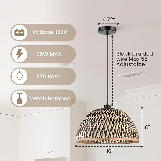 Bamboo Pendant Light Fixture, 16 inch One-Light Adjustable Boho Handmade Woven Pendant Lighting for Kitchen Island Dining Room Living Room (Large)