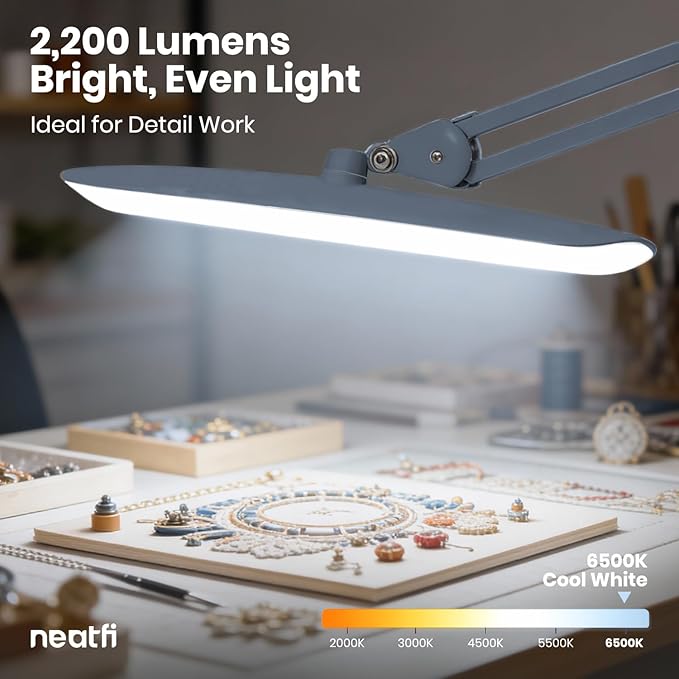 Neatfi XL 2200 Lumens 24W LED Desk Lamp with Clamp - Shadow-Free Task Lighting | 4-Level Dimming | Home Office & Crafts Use | 20-Inch Wide Head (Non-CCT, Gray)