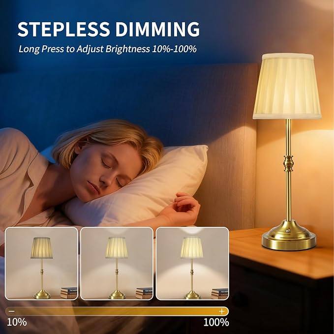 Cordless Table Lamp Rechargeable, 5200mAh Battery Operated Lamp, 3-Way Dimmable Bedside Lamps for Bedroom with Fabric Shade, Small Touch Desk Lamps for Living Room,Kitchen,Patio,Balcony,Bar