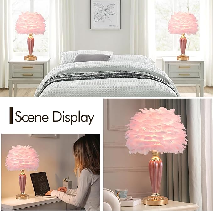 Pink Feather Lamp Creative Bedside Lamp Feather Table Lamp Cute Furry Goose Nightstand Light for Girl Bedroom Wedding Decor Living Room Hotel Office Valentines Dating Gift