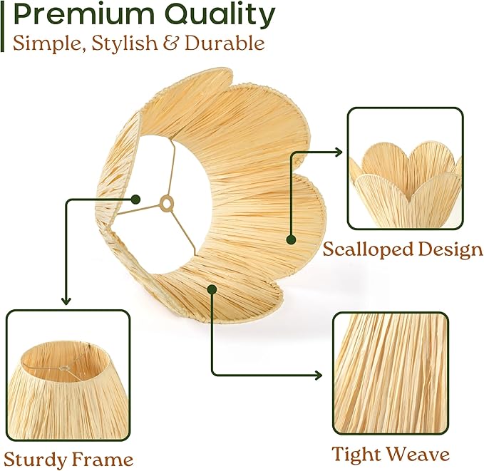 Raffia Lamp Shade for Table Lamps, Scalloped Wicker Small Lampshade for Living Room, Bedroom, or Desk Lamp, Boho Spider Pleated Lamp Shade (8.3”T x 13”B x 7.5”H) (Base & Bulb NOT included)