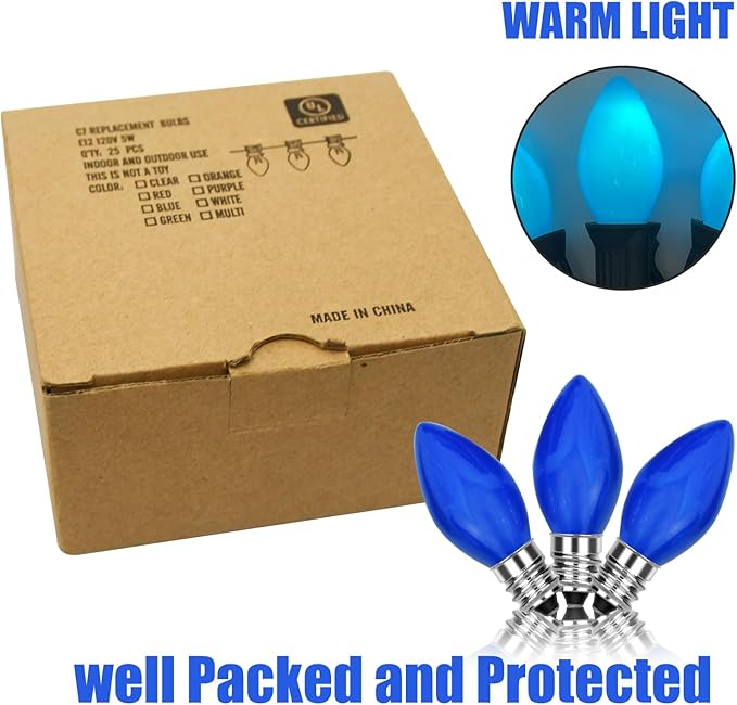 25 Pack Blue Light Bulbs,C7 Blue Replacement Spare Incandescent Patriotic Light Bulbs,5w Vintage Glass Ceramic Blue Light Bulbs C7/E12 Base for Memorial Day 4th of July Decorations