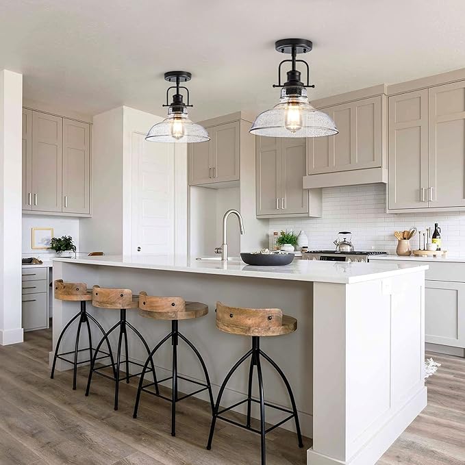 Flush Mount Ceiling Light Fixture < Bulb NOT Included >, Black Metal Frame Ceiling Light Fixture with Seeded Glass, Farmhouse Light Fixture for Kitchen Island Entryway Porch Foyer