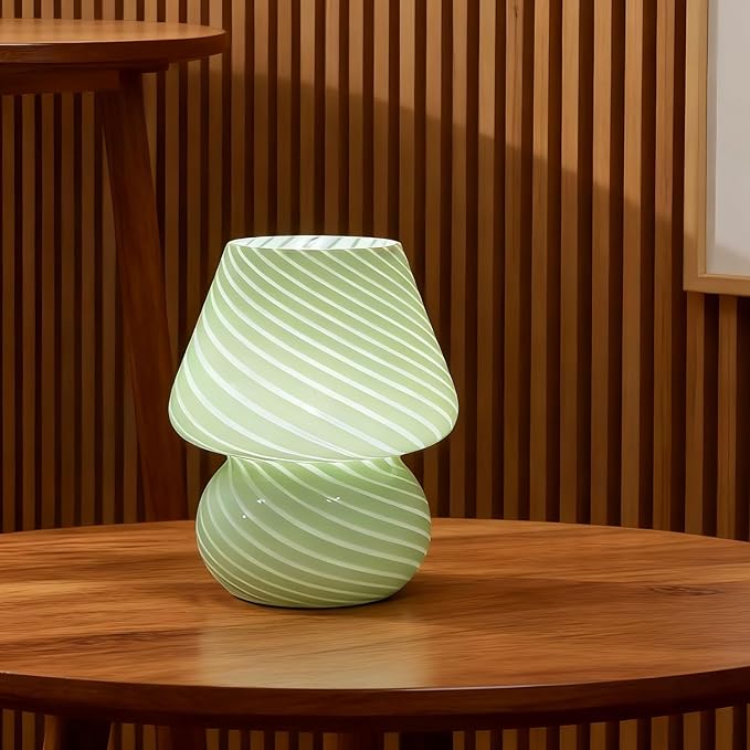 jonong Bedside Lamp Glass Striped Mushroom Table Lamp with 3 Color Modes LED Small Decorative Table Lamp for Gift Present,Suit for Bedroom, Living Room, Home Decor, Baby, Kids, Women (Green)