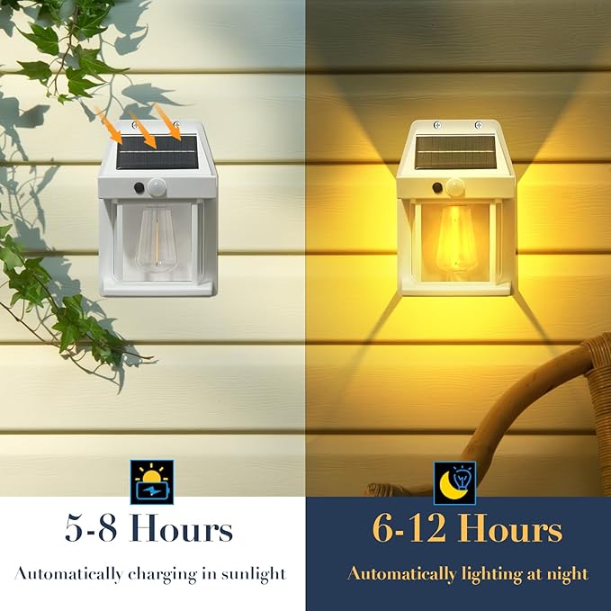2-Pack 8.2" H Outdoor Solar Powered Wall Sconce Lights Dawn to Dusk Motion Sensor 3 Lighting Modes for Porch Garage House Patio Shed Barn Door Yard Outside Decorative Waterproof -White.