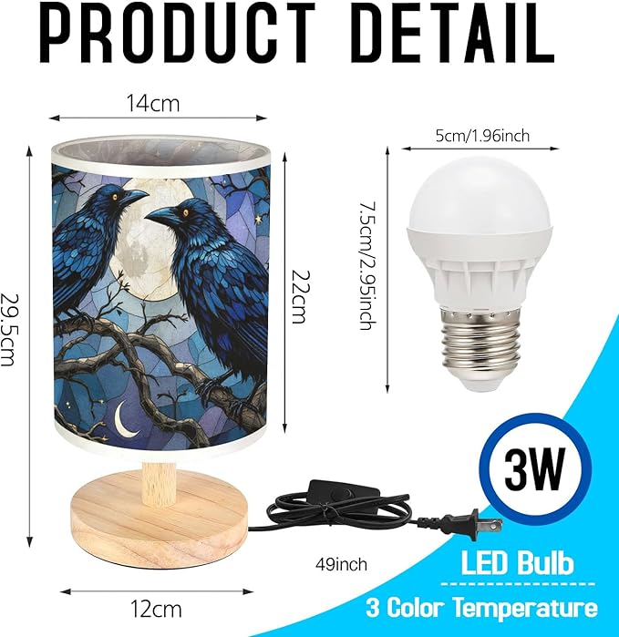 Raven and Crow Table Lamp LED 3-Color Pressed Bedside, Raven and Crow Shade Lamp with Wood Base for Bedroom Living Room Desk Office TL01