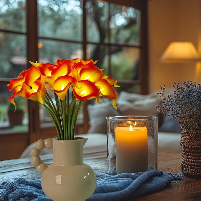 LED Lighted Artificial Flowers Calla Lily Bouquet Lamp 20 stems Real Touch Calla Faux Flower Lights for Valentine's Day Gift and Easter Home Kitchen Wedding Dining Table Decor(Orange, No Vase)