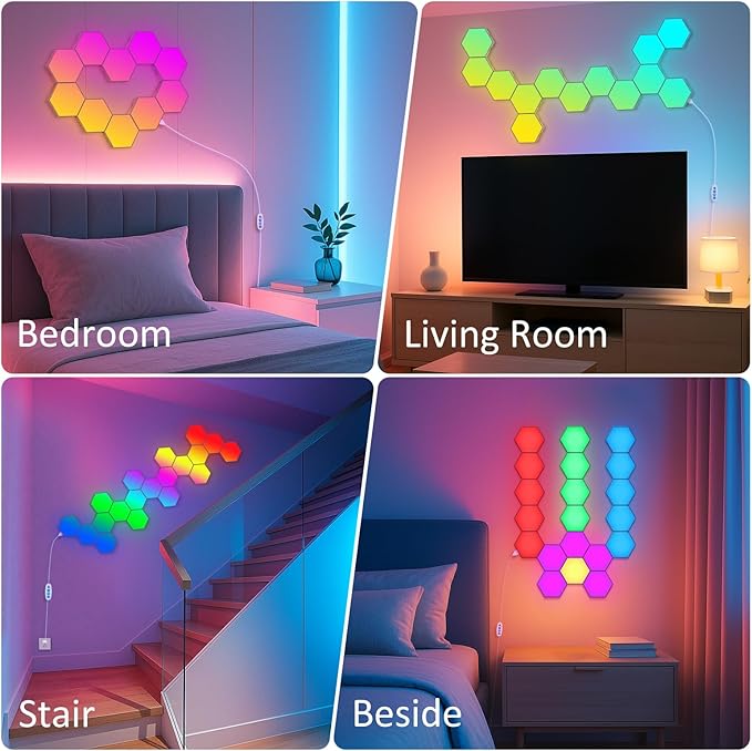 12 Pack Hexagon LED Wall Light Panels – RGB Smart Lights with APP & Remote, Music Sync Honeycomb Design – Modular Gaming Wall Decor for Bedroom, Kids Room, and Living Room