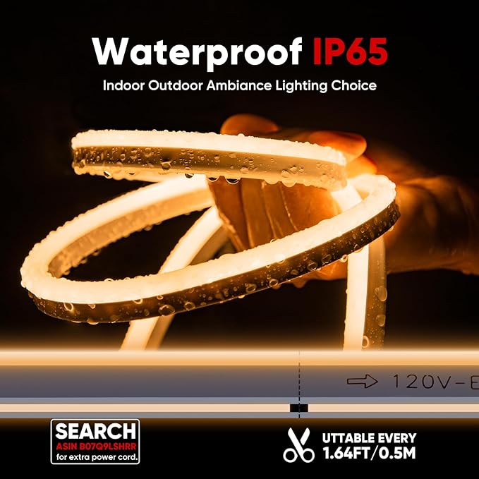 Shine Decor LED Neon Rope Lights AC 120V, ETL-Listed Flexible 120LEDs/M Dotless Strip Lighting, Custom Cuttable & IP65 Waterproof for Indoor Outdoor, 7x14.5mm, 3000K Warm White, 50FT