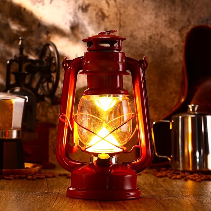 Riakrum 4 Pcs Vintage LED Hurricane Lanterns 9.5 Inch Warm White Old Hurricane Lamps Battery Operated Hanging Lanterns with Dimmer Switch for Indoor Table Centerpieces Outdoor(Red)