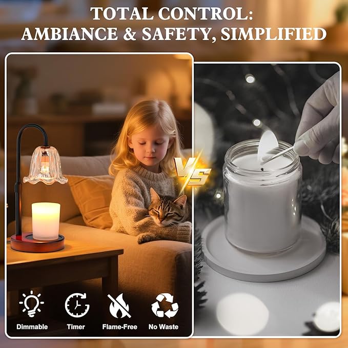 Candle Warmer Lamp Electric Timer: Dimmable Candles Warming Lamps - Height Adjustable Burner Jar - No Flame Scented Melts Wax - All Candle Jars Home Decor Table Light