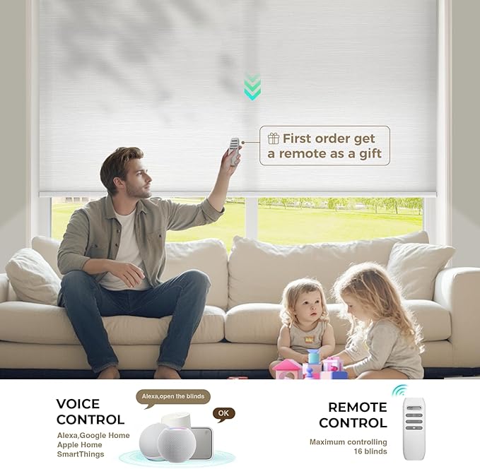 HeyBlinds Motorized Roller Shades, Smart Blinds for Windows, Remote Automatic Window Shades, Electric Shades, Light Filtering, Compatible with Alexa Google Apple Home (Summer Haze-Opaline LF)