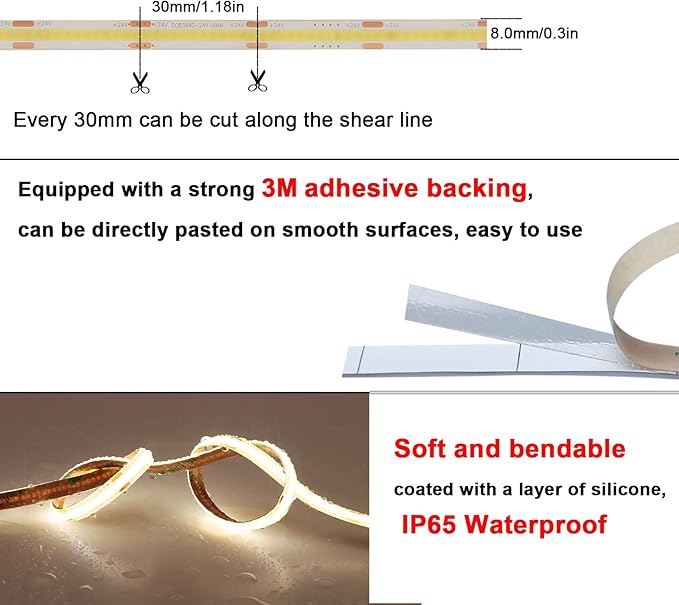 TOPAI 24V COB LED Strip 32.8ft Natural White 4000K Outdoor Waterproof CRI>93 Self Adhesive Uniform Dotless 384LEDs/M Cuttable Flexible for Cabinet Home Office DIY Lighting Projects