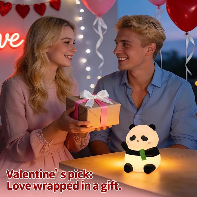 Panda Night Light, 50-Hour Battery & Pat-to-Change Brightness, Squishy Silicone Lamp for Girls Kids Bedroom, USB Rechargeable with Timer, Easter Gifts for Kids