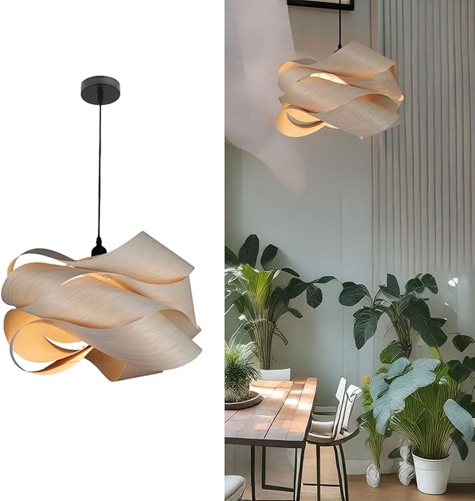 Modern Pendant Light, Nordic Organic Pendant Light, Woven Wood Wave Shade Hanging Lamp, Natural Tone Ceiling Lighting Fixture, for Living Room, Dining Room, Bedroom, Hallway Decor.(Light Color)