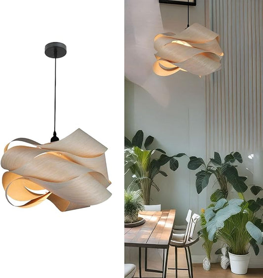 Modern Pendant Light, Nordic Organic Pendant Light, Woven Wood Wave Shade Hanging Lamp, Natural Tone Ceiling Lighting Fixture, for Living Room, Dining Room, Bedroom, Hallway Decor.(Light Color)