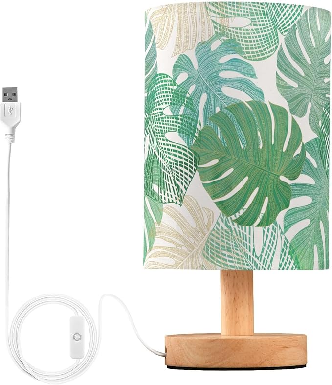 Monstera Leaf Tropical Leaves Jungle Foliage Table Lamp with Wood Base Fabric Lamp Shade Bedside Nightstand Desk Lamp for Living Room Bedroom Kids Room Office