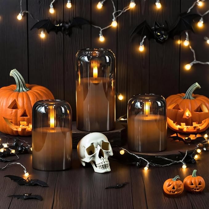 DRomance Glass Flameless Candles with Remote and Timer Battery Operated 3 Pack Real Wax Striped Gray LED Flickering Pillar Candles Dinner Wedding Halloween Christmas Holiday Decor(3" D x 4",5",6" H)
