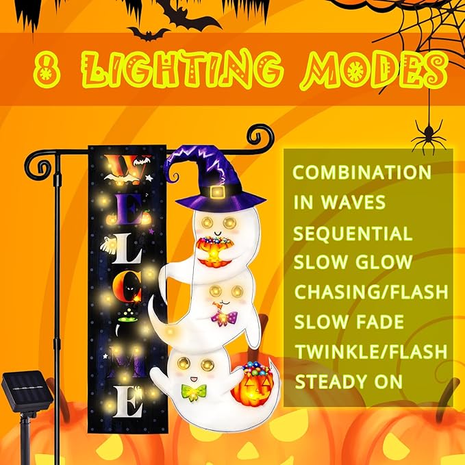 Halloween Lighted Garden Flag, Solar Welcome Ghost Yard Flag for Outside, 8 Modes Double Sided Welcome Halloween Ghost Outdoor Decorations for Home Porch